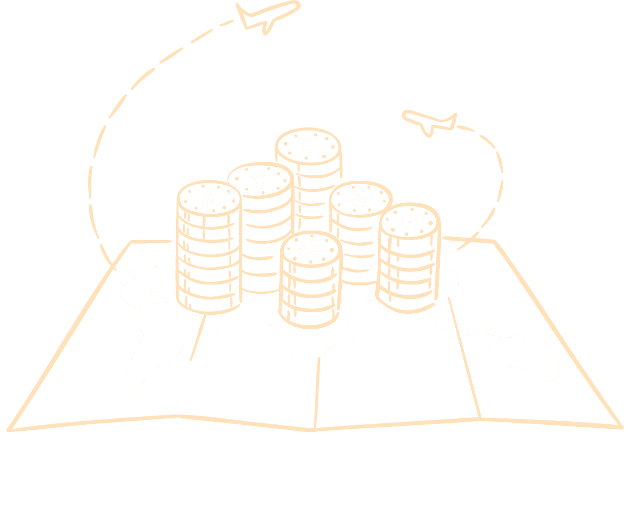 Line art illustration of a world map with stacks of international currency coins (dollar, yen, euro, pound, ruble) and airplanes flying overhead, symbolizing global finance and travel. Orange and white on a black background.