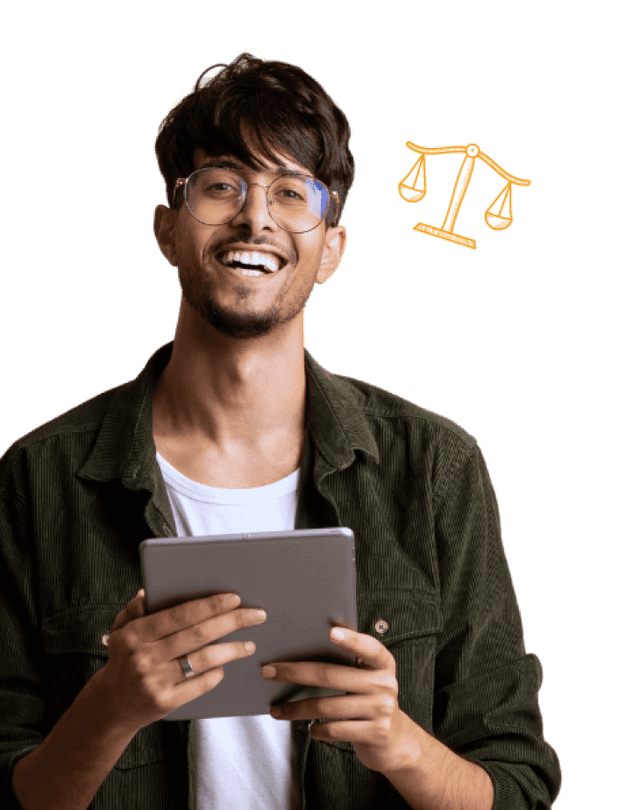 A business owner reviewing his financial reports on a tablet smiling, indicating his satisfaction with Grof's services. 